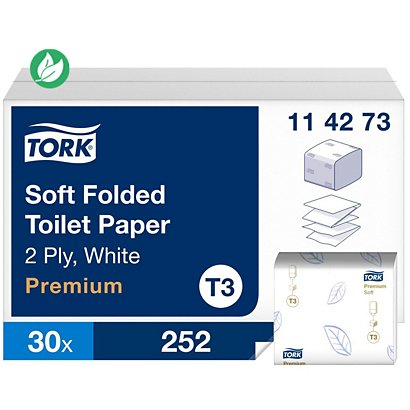 Tork Papier-toilette plié Premium T3 Soft double épaisseur 252 feuilles pliage en Z 110 mm Blanc - lot de 30 paquets - 1