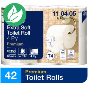 Tork Papier toilette Premium Extra Soft T4 gaufré quadruple épaisseur - Rouleau de 153 feuilles - Blanc - Carton de 42 rouleaux Tork Papier toilette Premium Extra Soft T4 gaufré quadruple épaisseur - Rouleau de 153 feuilles - Blanc - Carton de 42 rouleaux