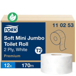 Tork Papier toilette Premium Mini Jumbo Soft T2 double épaisseur gaufré 170 m Blanc - lot de 12 bobines