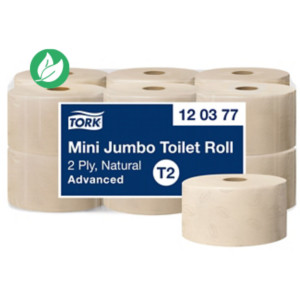 Tork Papier toilette recyclé Mini Jumbo T2 double épaisseur 170 m - 850 feuilles gaufrées Naturel - 120377 - Lot de 12 rouleaux Tork Papier toilette recyclé Mini Jumbo T2 double épaisseur 170 m - 850 feuilles gaufrées Naturel - 120377 - Lot de 12 rouleaux