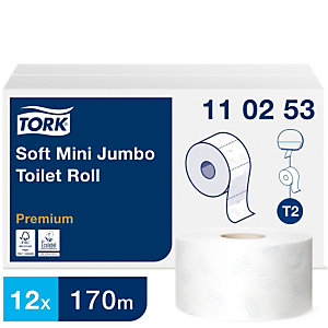 Tork Papier toilette en rouleaux Premium Mini Jumbo Soft T2, double épaisseur, gaufré, 1 214 feuille