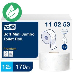 Tork Papier toilette en rouleaux Premium Mini Jumbo Soft T2, double épaisseur, gaufré, 1 214 feuilles, 97 mm, blanc