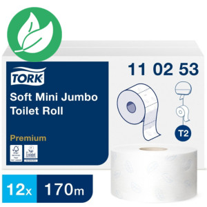 Tork Papier toilette en rouleaux Premium Mini Jumbo Soft T2, double épaisseur, gaufré, 1 214 feuilles, 97 mm, blanc Tork Papier toilette en rouleaux Premium Mini Jumbo Soft T2, double épaisseur, gaufré, 1 214 feuilles, 97 mm, blanc