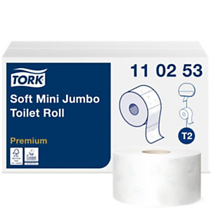 Tork Premium Mini Jumbo Soft T2 Rollo de papel higiénico, 2 capas, 1214 hojas, en relieve, 97 mm, blanco