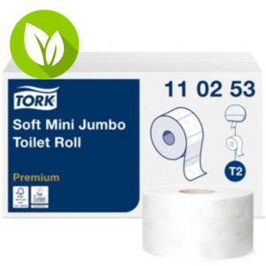 Tork Premium Mini Jumbo Soft T2 Rollo de papel higiénico, 2 capas, 1214 hojas, en relieve, 97 mm, blanco