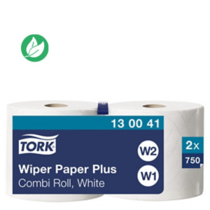 Tork Rouleau distributeur d'essuie-mains Wiping Plus Combi W1, double épaisseur, gaufré, 750 feuilles, 235 mm - Blanc - Lot de 2