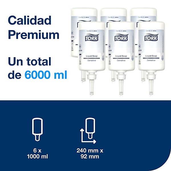 Tork Sensitive Jabón Líquido para Lavado de Manos S1, Dermatológicamente probado, 6 × 1000 ml, 420701 - 8