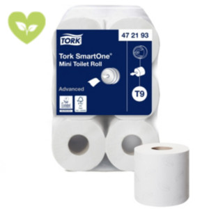 Tork SmartOne® Mini Rotolo carta igienica, 2 veli, 620 fogli, Con stampa a foglia, 134 mm, Bianco (confezione 12 pezzi)
