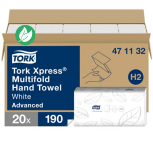 Tork Xpress Essuie-mains double épaisseur Advanced H2 blanc 100 % fibres recyclées pliage en Z - 471132 - Lot de 20 paquets de 190 feuilles Tork Xpress Essuie-mains double épaisseur Advanced H2 blanc 100 % fibres recyclées pliage en Z - 471132 - Lot de 20 paquets de 190 feuilles