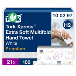 Tork Xpress Essuie-mains double épaisseur Extra Soft H2 Premium blanc pliage en M - 100297 - Lot de 21 paquets de 100 feuilles Tork Xpress Essuie-mains double épaisseur Extra Soft H2 Premium blanc pliage en M - 100297 - Lot de 21 paquets de 100 feuilles