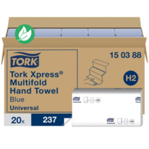 Tork Xpress Essuie-mains double épaisseur Universal H2 bleu pliage en Z - 150388 - Lot de 20 paquets de 237 feuilles Tork Xpress Essuie-mains double épaisseur Universal H2 bleu pliage en Z - 150388 - Lot de 20 paquets de 237 feuilles