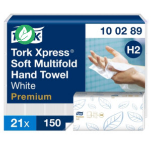 Tork Xpress Soft H2 Essuie-mains pliés Premium double épaisseur gaufrés pliage en Z 150 feuilles Blanc - lot de 21