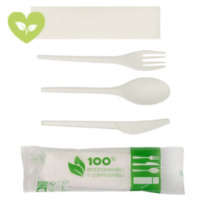 Tris posate monouso con tovagliolo 2 veli, Forchetta coltello e cucchiaio in CPLA, Biodegradabile e Compostabile, Bianco Avorio (confezione 500 pezzi) Tris posate monouso con tovagliolo 2 veli, Forchetta coltello e cucchiaio in CPLA, Biodegradabile e Compostabile, Bianco Avorio (confezione 500 pezzi)