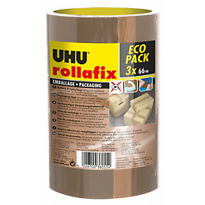 UHU Rollafix Ruban adhésif d'emballage en polypropylène silencieux 46 microns 50 mm x 66 m - Havane  - lot de 3