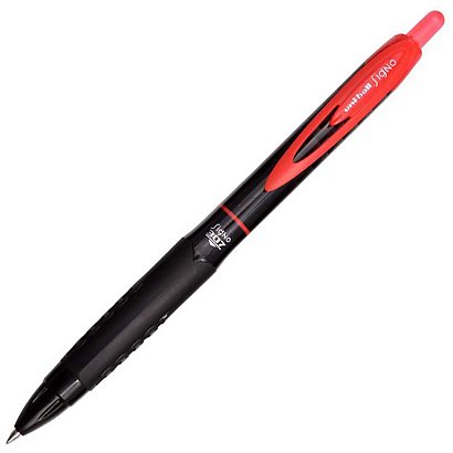 Uni-Ball Signo 307 Bolígrafo retráctil de gel, punta fina de 0,7 mm, cuerpo de plástico negro y rojo con grip, tinta roja