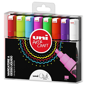 Uni Chalk Marcatore gesso, Punta a scalpello 8 mm, Colori assortiti (confezione 8 pezzi) Uni Chalk Marcatore gesso, Punta a scalpello 8 mm, Colori assortiti (confezione 8 pezzi)