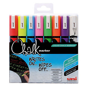 Uni Chalk PWE-5M Marcatore per lavagna, Inchiostro a base d'acqua non permanente, 1,8 - 2,5 mm, Colori assortiti (confezione 8 pezzi)