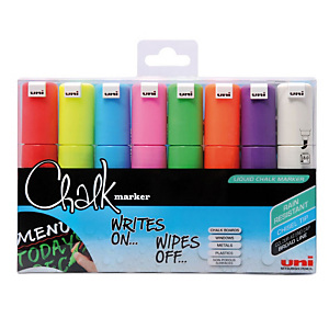Uni Marcatori gesso "Chalk" - Colori assortiti - Tratto 8 mm (confezione 8 pezzi) Uni Marcatori gesso "Chalk" - Colori assortiti - Tratto 8 mm (confezione 8 pezzi)