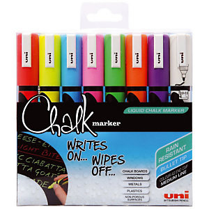 Uni Marqueur craie Chalk Marker PWE-5M encre non permanente pointe ogive de 1,8 à 2,5 mm - Couleurs assorties - paquet 8 unités