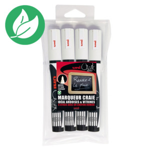 Uni Marqueur craie Chalk Marker PWE-5M Pointe ogive 1,8-2,5 mm - Pochette 4 craies blanches