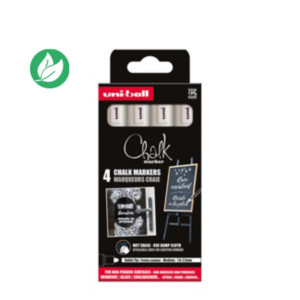 Uni Marqueur craie Chalk Marker PWE-5M Pointe ogive 1,8-2,5 mm - Pochette 4 craies blanches Uni Marqueur craie Chalk Marker PWE-5M Pointe ogive 1,8-2,5 mm - Pochette 4 craies blanches