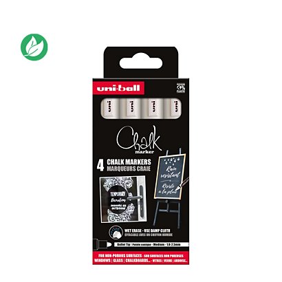 Uni Marqueur craie Chalk Marker PWE-5M Pointe ogive 1,8-2,5 mm - Pochette 4 craies blanches
