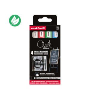 Uni Marqueur craie Chalk Marker PWE-5M Pointe ogive moyenne 2,5 mm - 4 couleurs assorties Uni Marqueur craie Chalk Marker PWE-5M Pointe ogive moyenne 2,5 mm - 4 couleurs assorties
