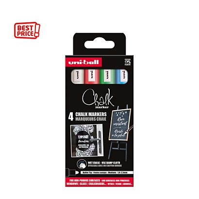 Uni Marqueur craie Chalk Marker PWE-5M Pointe ogive moyenne 2,5 mm - 4 couleurs assorties