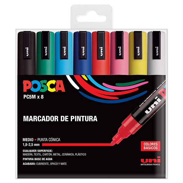 Uni Uni Posca PC-5M Marcador de pintura, punta ojival, 1,8-2,5 mm, colores Básicos surtidos