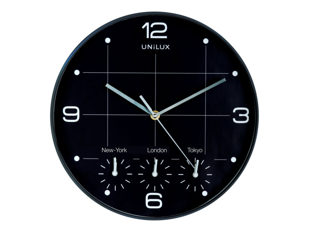 Unilux Horloge analogique à quartz On Time diamètre 30,5 cm, 4 fuseaux horaires - Noir