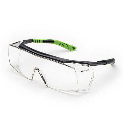 UNIVET Occhiale protettivo di sicurezza 5X7 Clear Plus, Sovrapponibile agli occhiali da vista, Lente Trasparente, Montatura Gun Metal/Verde - 1