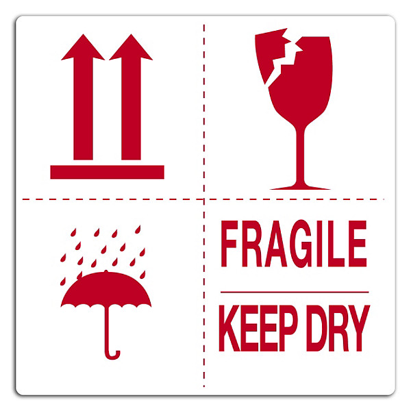 Výstražné etikety, 100x100mm, 4 symboly, FRAGILE / KEEP DRY - 1