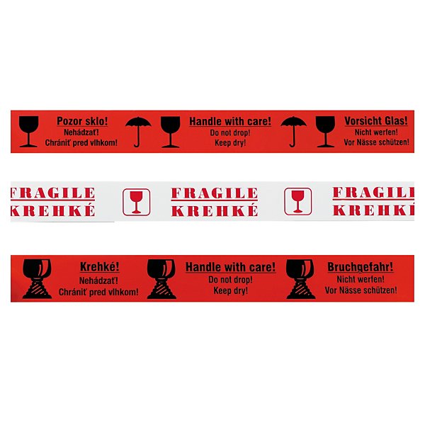 Výstražná lepiaca PVC páska, HANDLE WITH CARE - KREHKÉ, 50mm, návin 66m, hrúbka 53µm | RAJA - 4