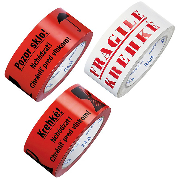 Výstražná lepiaca PVC páska, HANDLE WITH CARE - KREHKÉ, 50mm, návin 66m, hrúbka 53µm | RAJA - 1