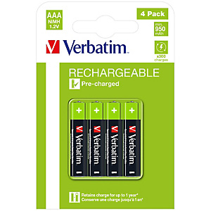 Verbatim 49514, Batterie à usage unique, AAA, Hybrides nickel-métal (NiMH), 1,2 V, 4 pièce(s), 950 mAh Verbatim 49514, Batterie à usage unique, AAA, Hybrides nickel-métal (NiMH), 1,2 V, 4 pièce(s), 950 mAh
