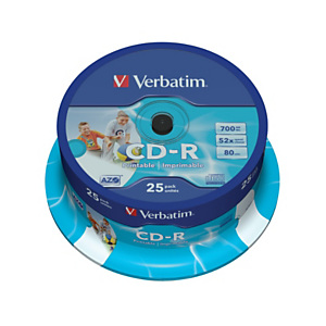 Verbatim AZO CD-R 700 MB / 80 minuti, Stampabili, Velocità 52x, Spindle da 25 dischi Verbatim AZO CD-R 700 MB / 80 minuti, Stampabili, Velocità 52x, Spindle da 25 dischi