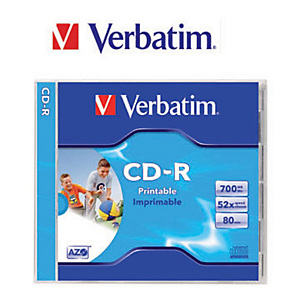 Verbatim CD-R 700 MB / 80 minuti, Stampabili, Velocità 52x, Confezione da 10 con custodia trasparente Verbatim CD-R 700 MB / 80 minuti, Stampabili, Velocità 52x, Confezione da 10 con custodia trasparente