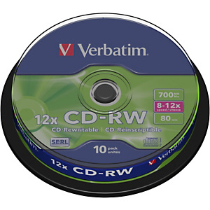 Verbatim Discos vírgenes CD-RW, regrabables, 700 MB / 80 min, velocidad de escritura de 12x Verbatim Discos vírgenes CD-RW, regrabables, 700 MB / 80 min, velocidad de escritura de 12x