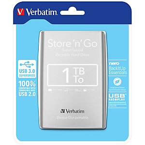Verbatim Disque dur portable USB Store 'n' Go 3.0, 1 To, Argenté, 1000 Go, 2.5', 3.2 Gen 1 (3.1 Gen 1), Argent 53071 Verbatim Disque dur portable USB Store 'n' Go 3.0, 1 To, Argenté, 1000 Go, 2.5', 3.2 Gen 1 (3.1 Gen 1), Argent 53071