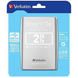 Verbatim Disque dur portable USB Store 'n' Go 3.0, 2 To, Argenté, 2048 Go, 3.2 Gen 1 (3.1 Gen 1), 5400 tr/min, Argent 53189