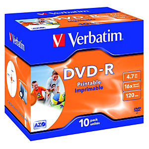 Verbatim DVD-R 4,7 GB / 120 minuti, Stampabili, Velocità 16x, Confezione da 10 con custodia trasparente