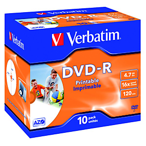 Verbatim DVD-R 4,7 GB / 120 minuti, Stampabili, Velocità 16x, Confezione da 10 con custodia trasparente Verbatim DVD-R 4,7 GB / 120 minuti, Stampabili, Velocità 16x, Confezione da 10 con custodia trasparente