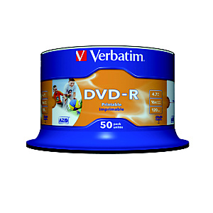 Verbatim DVD-R 4,7 GB / 120 minuti, Stampabili, Velocità 16x, Spindle da 50 dischi Verbatim DVD-R 4,7 GB / 120 minuti, Stampabili, Velocità 16x, Spindle da 50 dischi