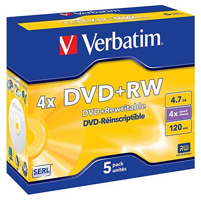 Verbatim DVD+RW 4,7 GB / 120 minuti, Riscrivibili, Velocità 4x, Confezione da 5 con custodia trasparente - 1