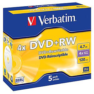 Verbatim DVD+RW 4,7 GB / 120 minuti, Riscrivibili, Velocità 4x, Confezione da 5 con custodia trasparente Verbatim DVD+RW 4,7 GB / 120 minuti, Riscrivibili, Velocità 4x, Confezione da 5 con custodia trasparente