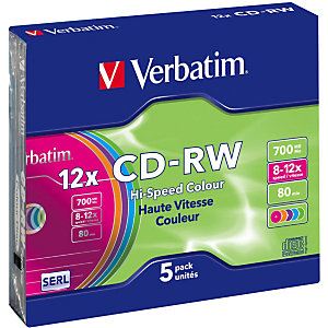 Verbatim Hi-Speed Colour, Discos vírgenes CD-RW, regrabables, 700 MB / 80 min, velocidad de escritura de 12x