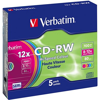 Verbatim Hi-Speed Colour, Discos vírgenes CD-RW, regrabables, 700 MB / 80 min, velocidad de escritura de 12x - 1