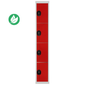 Vestiaire métal Team Color 4 casiers - 1 colonne L.30 cm - Corps Gris - Portes Rouge Vestiaire métal Team Color 4 casiers - 1 colonne L.30 cm - Corps Gris - Portes Rouge