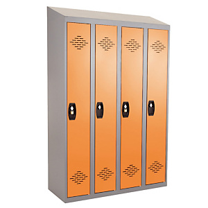 Vestiaires monobloc Confort Industrie propre 4 cases, toit incliné, gris / orange Vestiaires monobloc Confort Industrie propre 4 cases, toit incliné, gris / orange