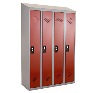 Vestiaires monobloc Confort Industrie propre 4 cases, toit incliné, gris / rouge Vestiaires monobloc Confort Industrie propre 4 cases, toit incliné, gris / rouge